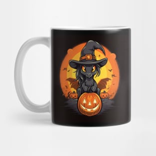 black witch pony with pumpkins on black background Mug